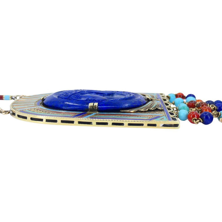 Egyptian Revival 14k Gold Gemstones Enamel Pendant Necklace