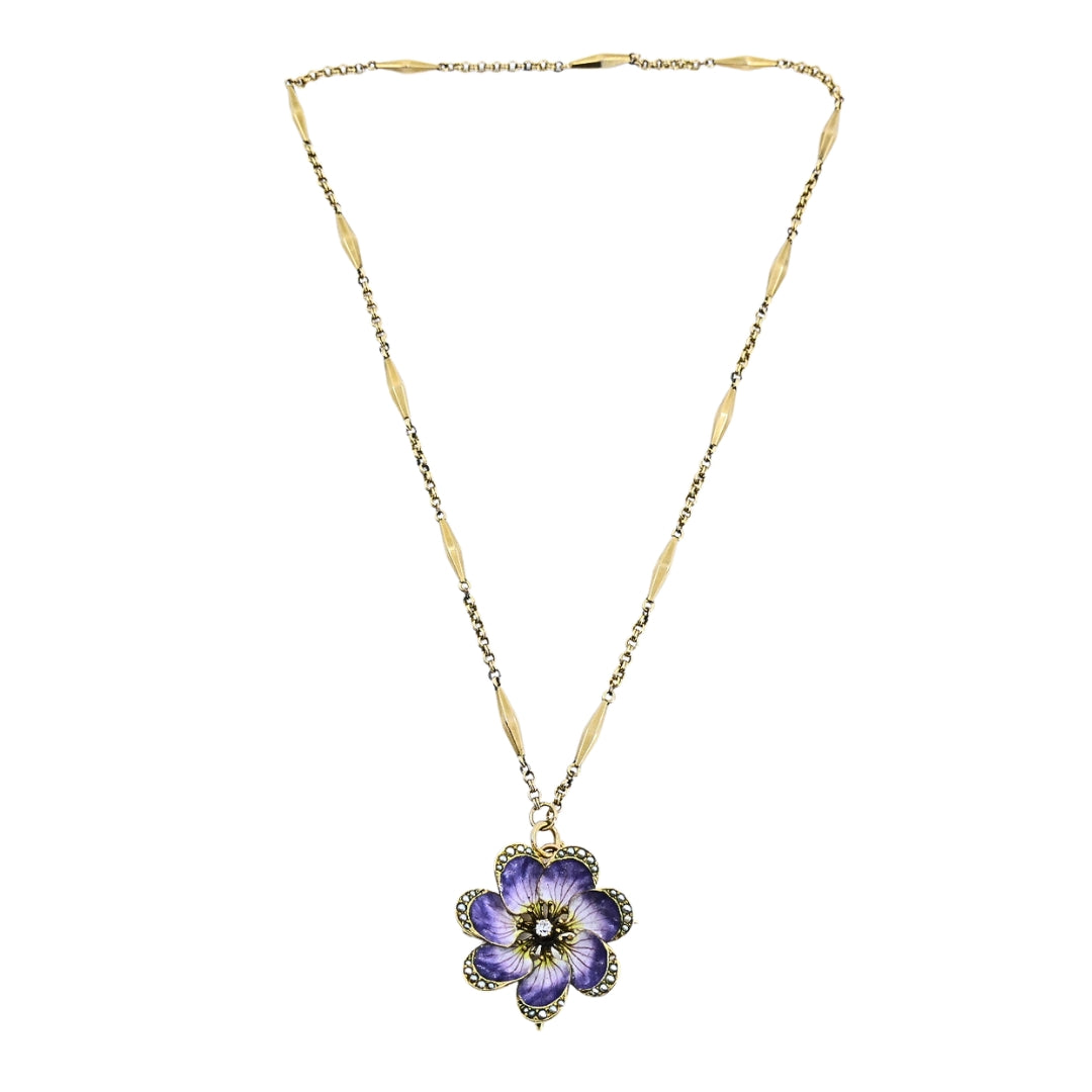 14k Gold Violet Flower Diamond Seed Pearl Pendant Brooch Necklace