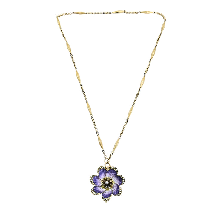 14k Gold Violet Flower Diamond Seed Pearl Pendant Brooch Necklace
