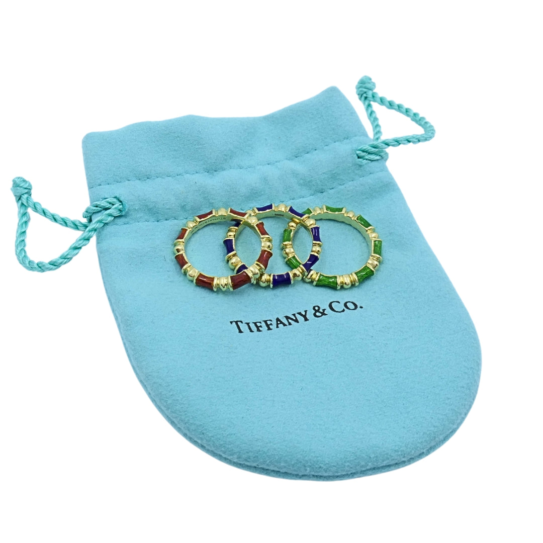 Tiffany & Co. Enamel Bamboo Stacking Rings 18k Yellow Gold Blue Green & Red