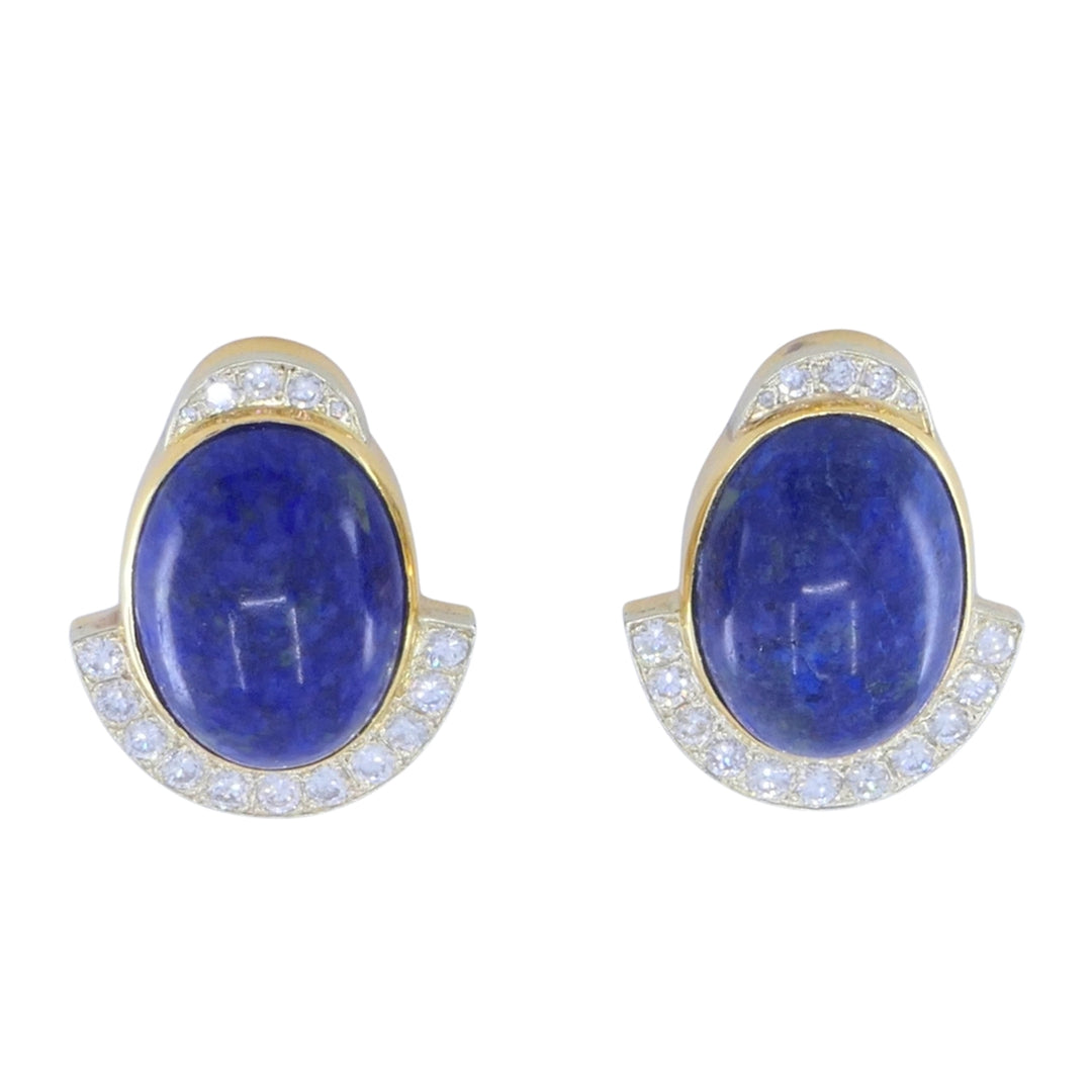 Sterlé Paris 14K Gold Lapis Lazuli Diamond Clip-On Earrings, circa 1960s - 1970s