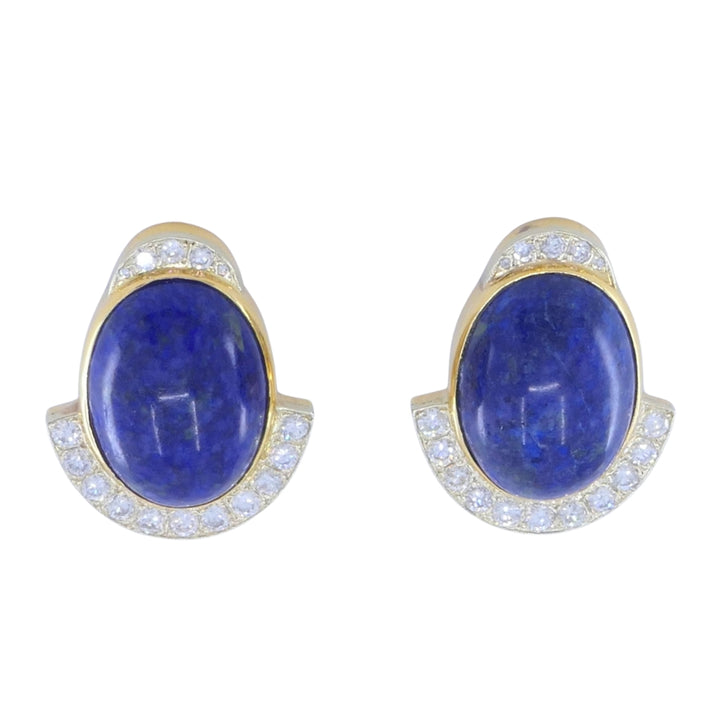 Sterlé Paris 14K Gold Lapis Lazuli Diamond Clip-On Earrings, circa 1960s - 1970s