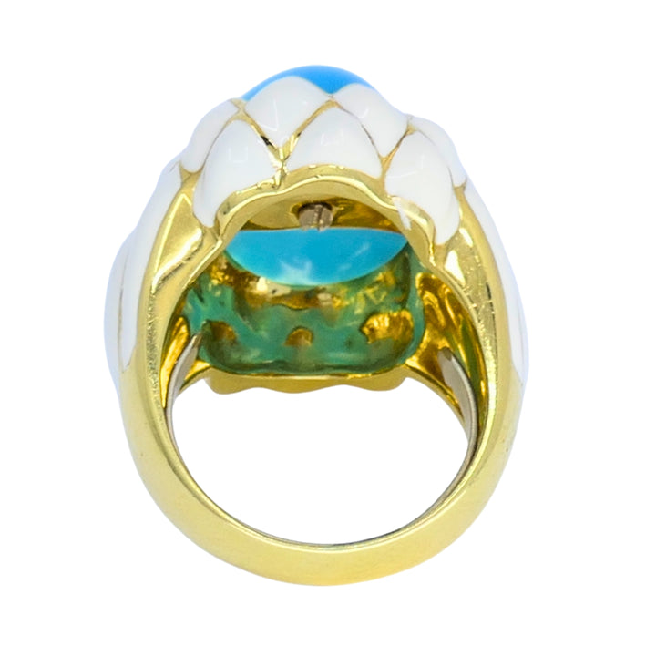 David Webb Ring 18k Gold White Enamel Turquoise Cocktail Ring