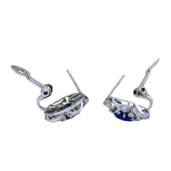 Vintage French Sapphire Diamond Platinum 18k White Gold Cluster Earrings