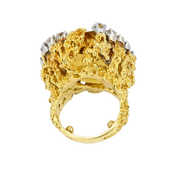 Vintage 18k Gold Citrine Diamond Ring Brutalist Design