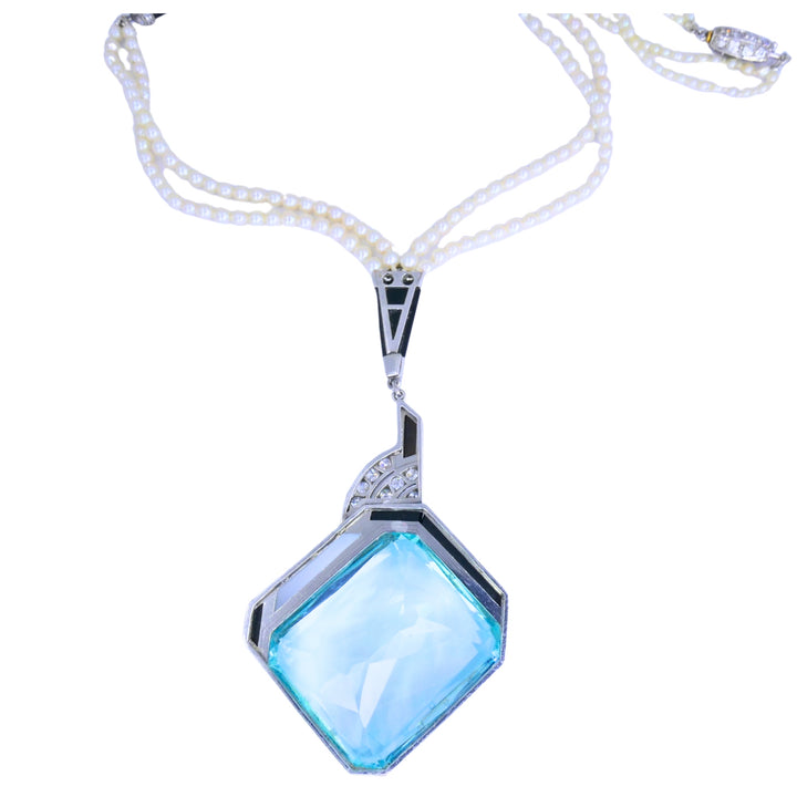 Art Deco Platinum Aquamarine Black Onyx Diamond Pearl Necklace