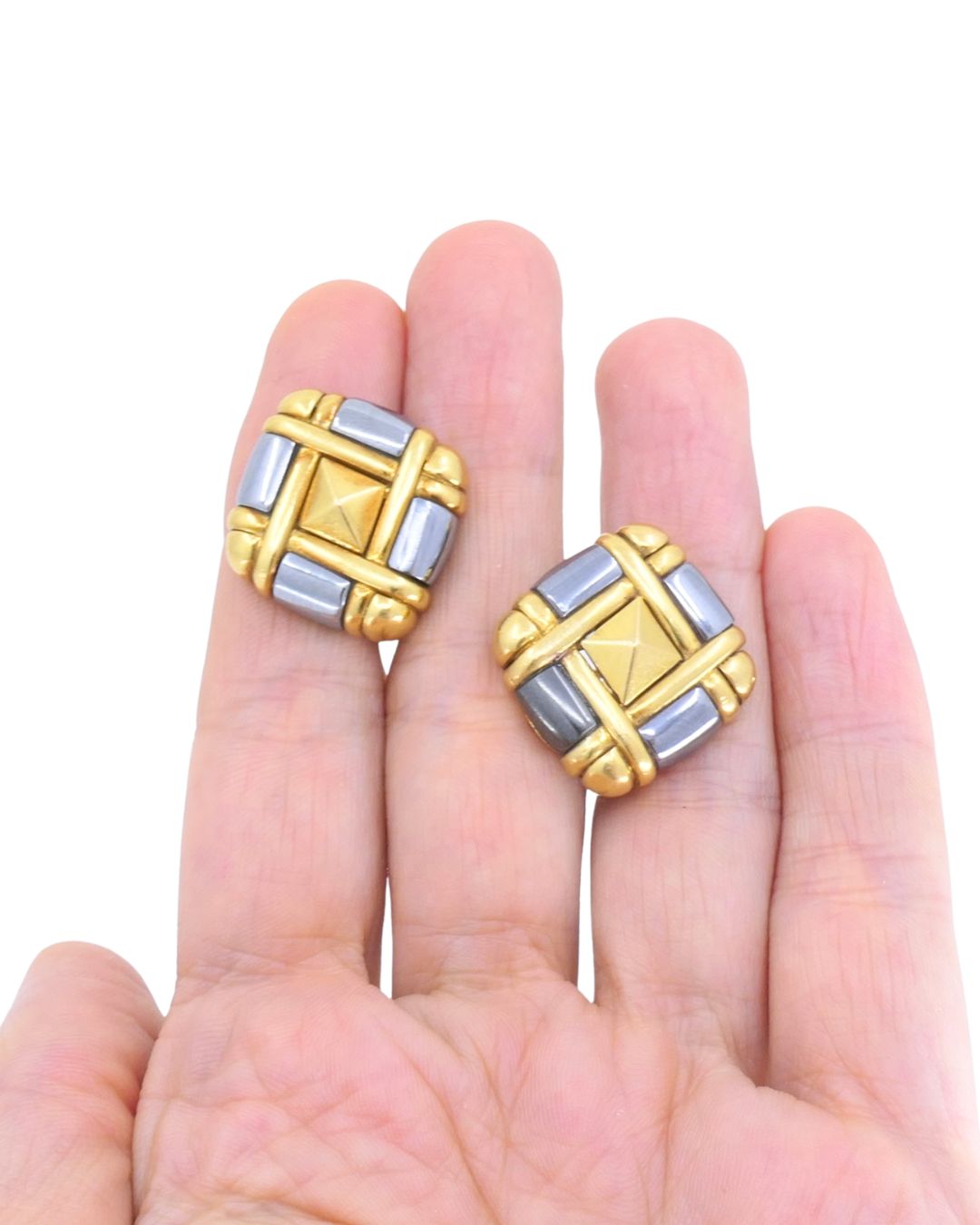 Bvlgari Bulgari Pyramid Collection 18k Gold Hematite Clip-On Earrings