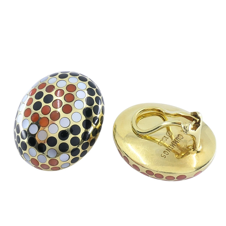 Angela Cummings 18k Gold Mother-of-Pearl Onyx Coral Inlay Dot Dome Earrings