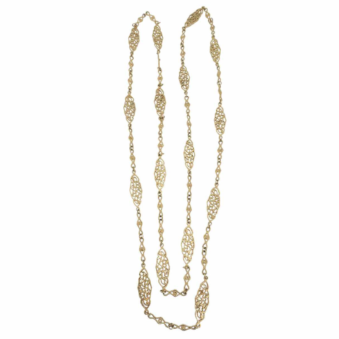 Vintage 14K Gold Openwork Filigree Marquise Long Chain Necklace