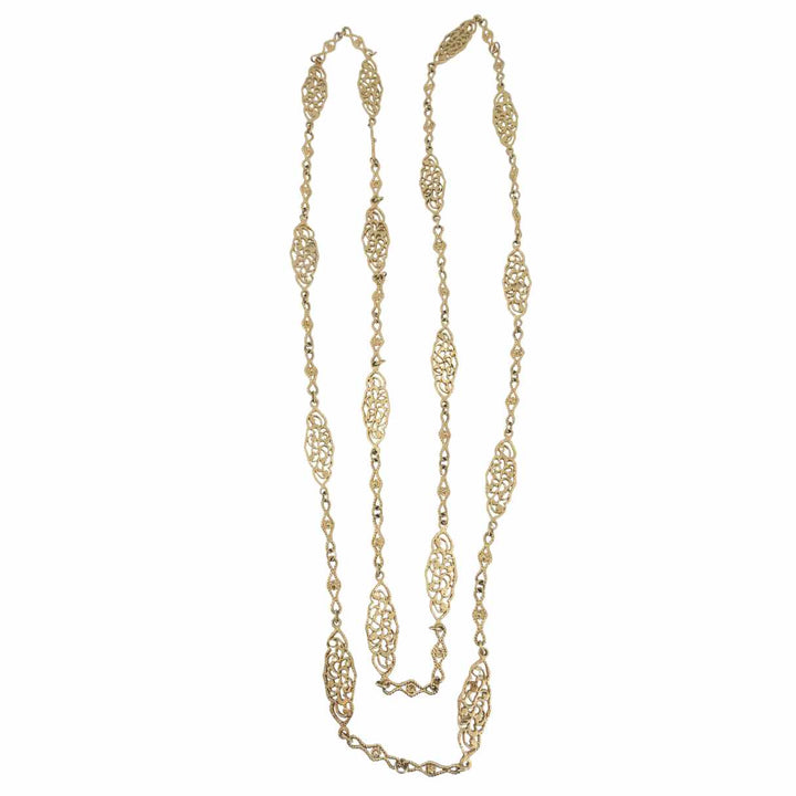 Vintage 14K Gold Openwork Filigree Marquise Long Chain Necklace