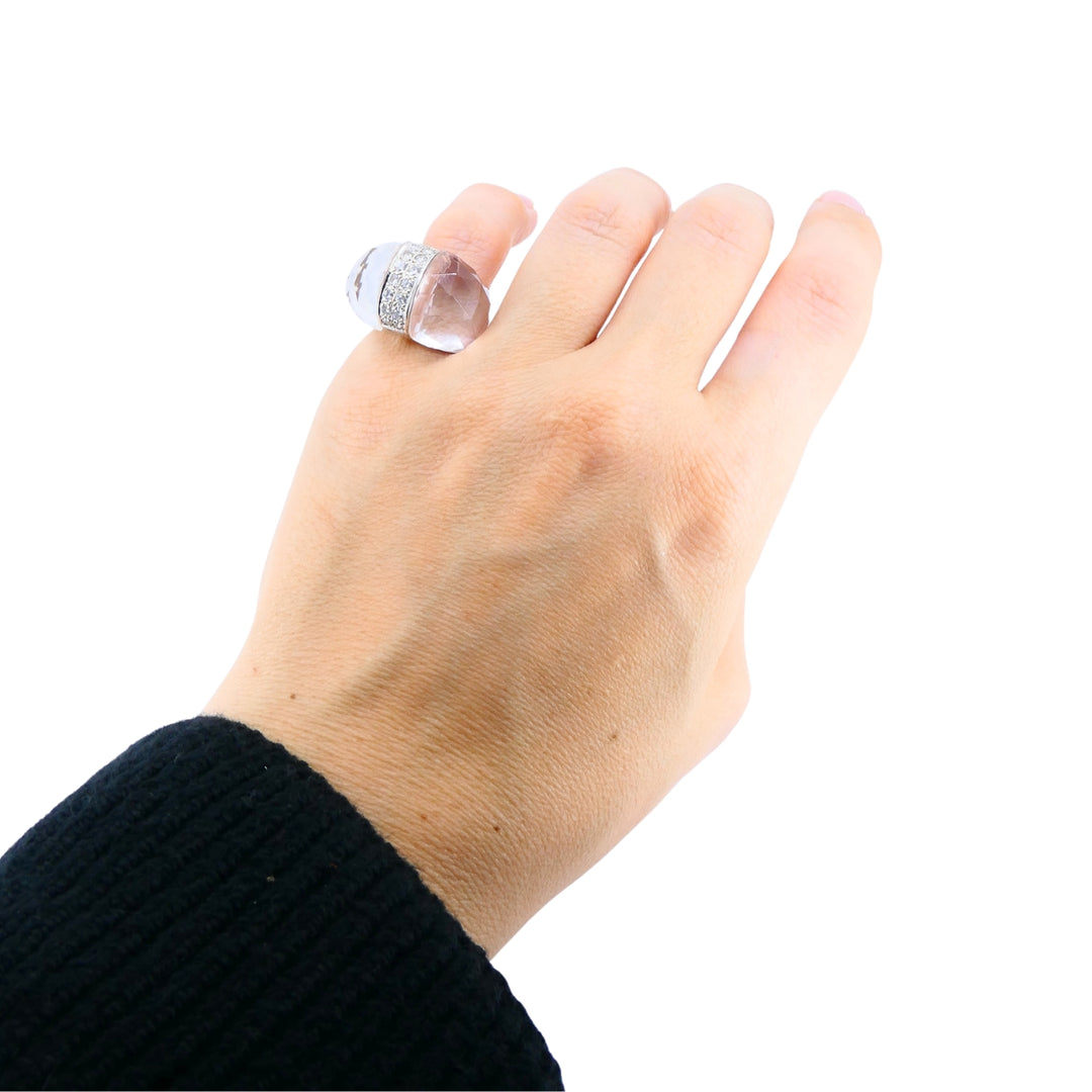Vintage Italian 18k White Gold Diamond Rock Crystal Cocktail Ring