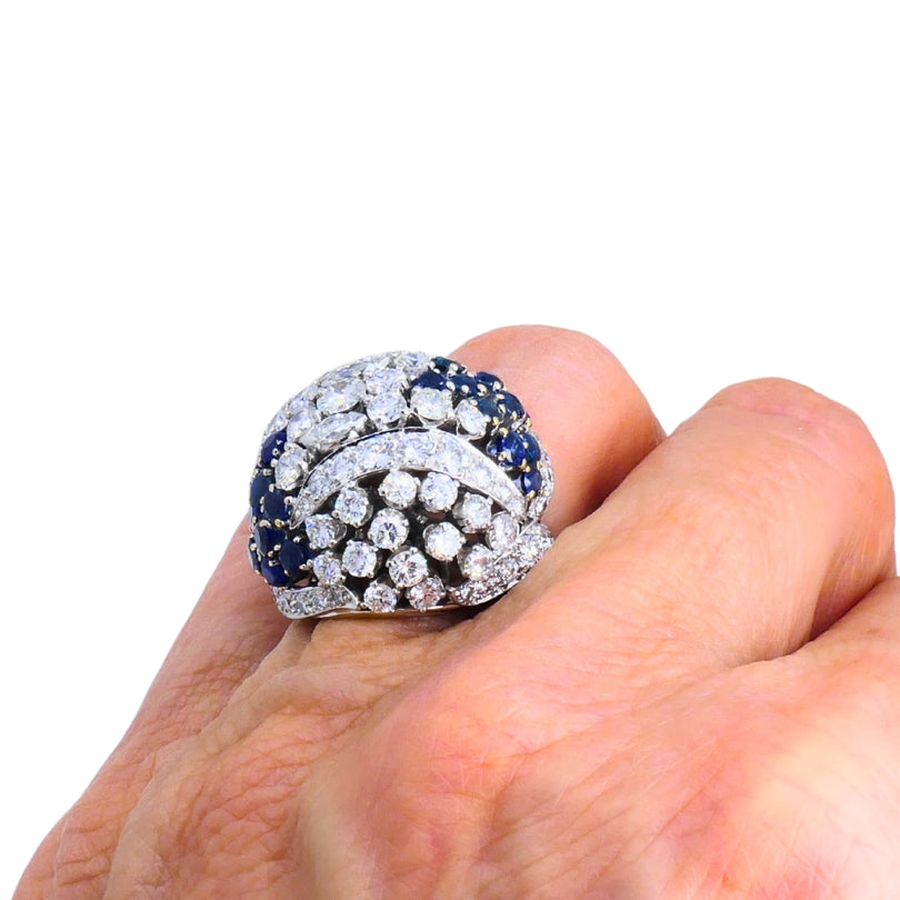 Vintage Dome Ring Ruser Platinum Diamond Sapphire Estate Jewelry
