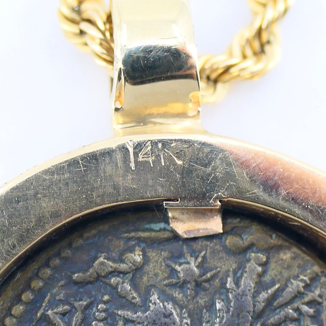 Vintage 14k Gold Diamond Ancient Coin Pendant Necklace
