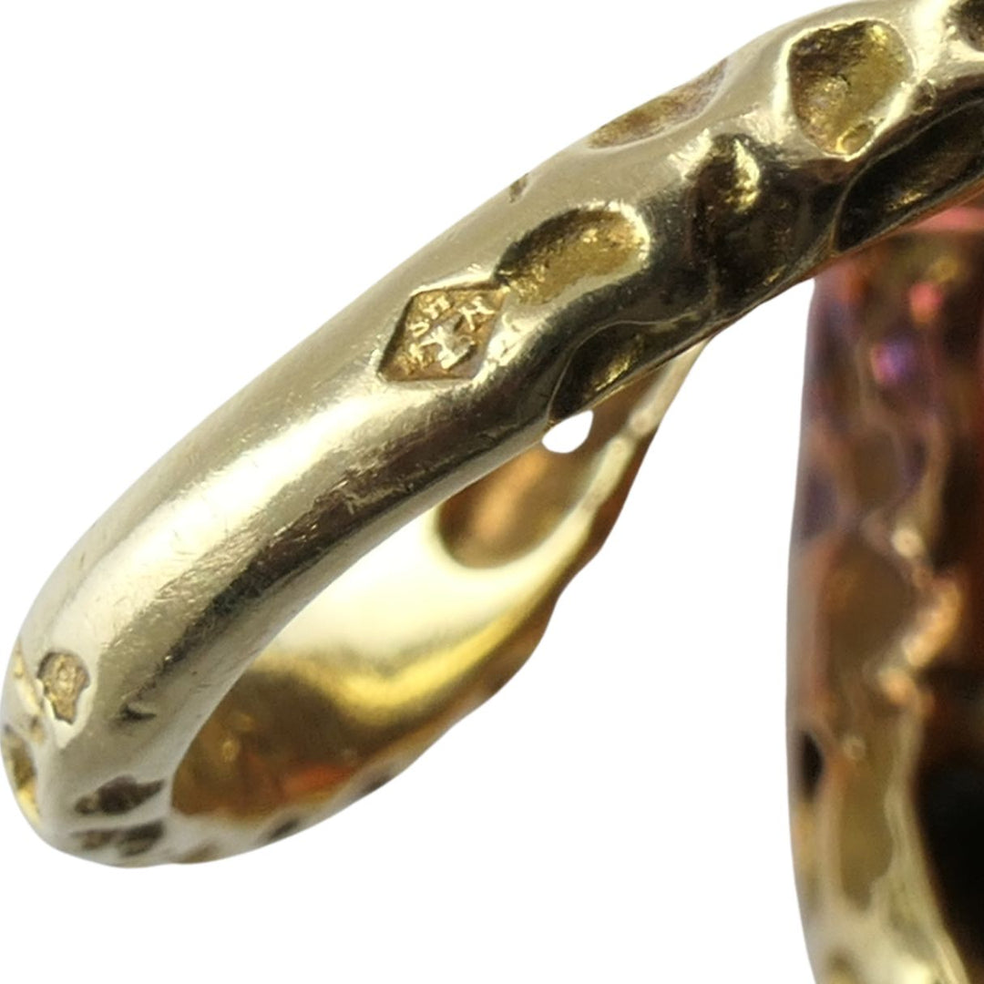 Vintage French 18k Gold Diamond Coral Cobra Snake Ring