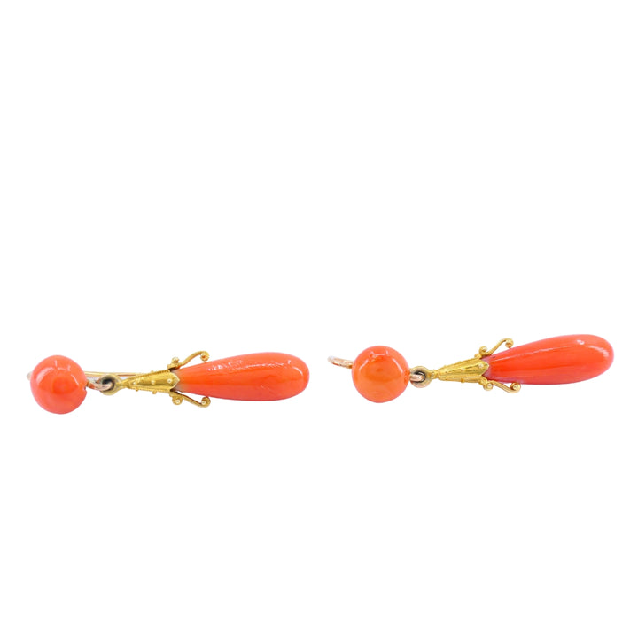 Victorian French 18k Yellow Gold Coral Drop Earrings