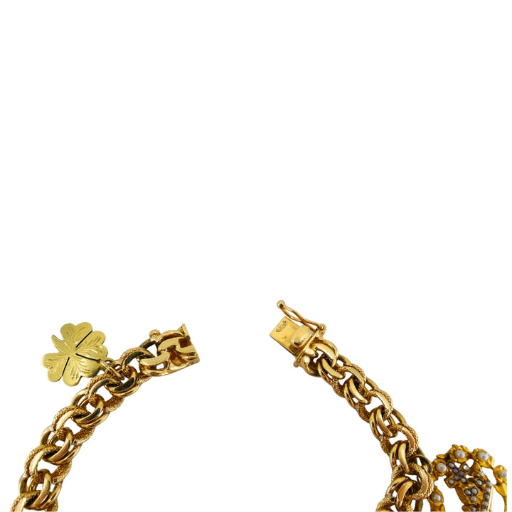 Victorian 14k Gold  Link Bracelet  Enamel Pearl & Engraved Charms