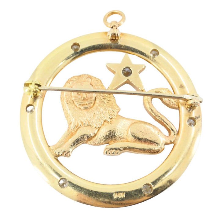 Vintage 14k Gold Diamond Leo Astrological Zodiac Pendant Pin
