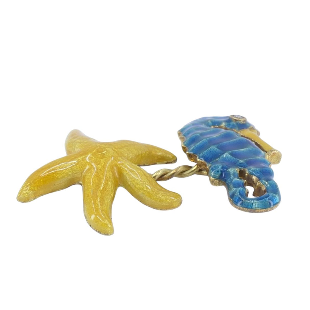 Vintage LOZ 18k Gold Enamel Turtle Seahorse Starfish Shell Cufflinks