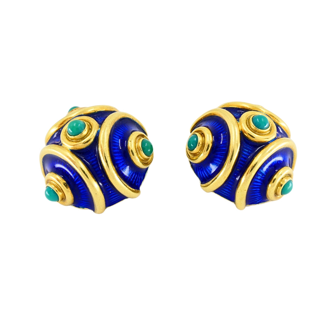 Vintage Tiffany & Co. 18k Gold Blue Enamel Turquoise Clip-On Earrings