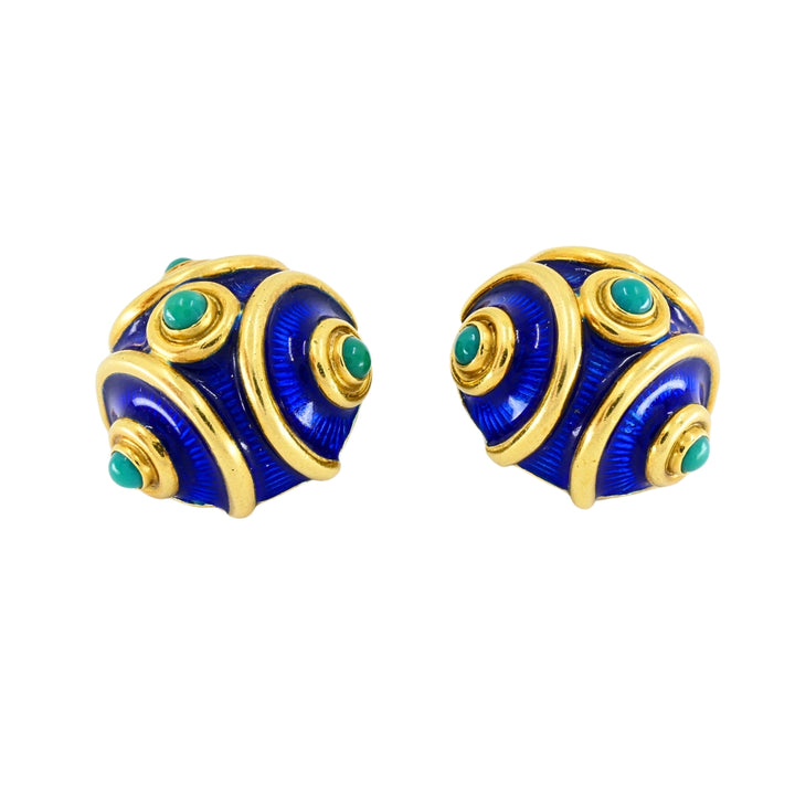 Vintage Tiffany & Co. 18k Gold Blue Enamel Turquoise Clip-On Earrings