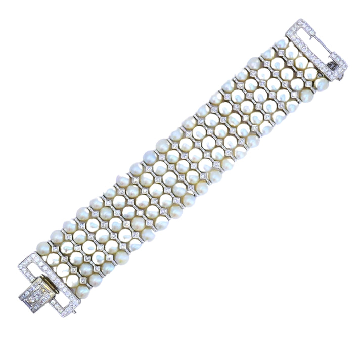Vintage 1950s 14k White Gold Pearl and Diamond Bracelet Estate Jewelry
