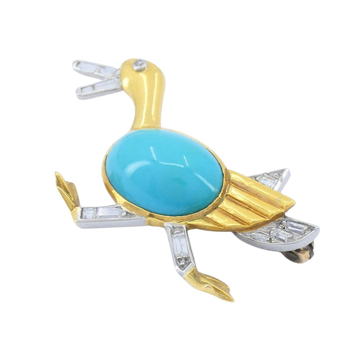 Marchak French 18k Gold Platinum Diamond Turquoise Duck Brooch