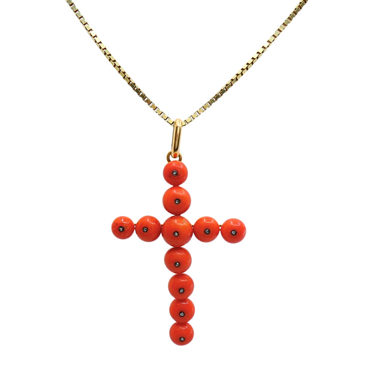 Victorian 18k Gold Coral Diamond Accent Cross Pendant Necklace 14k Gold Chain