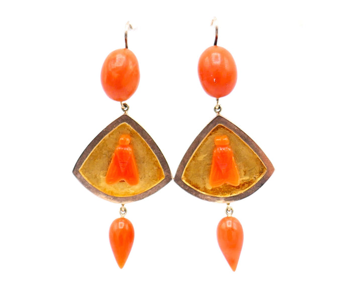 Antique Yellow Rose Gold Carved Coral Fly Earrings