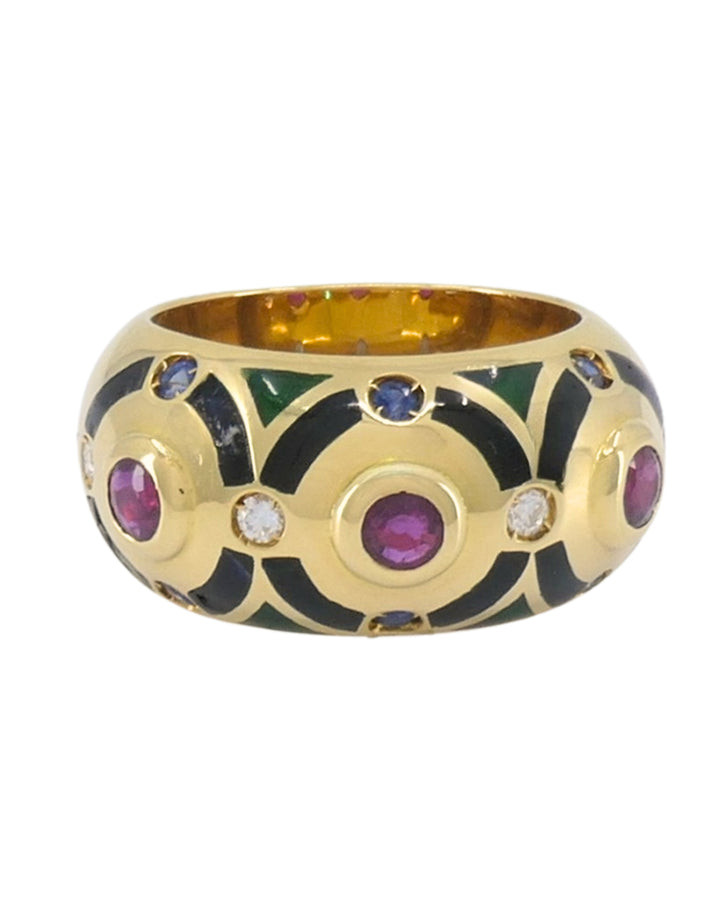 Cartier Vintage Dome Ring Gold Gemstones Enamel Size 5.75
