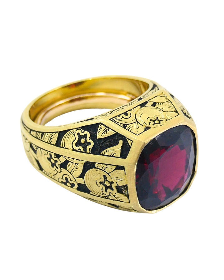 Garnet Ring Engraved 18k Gold Men Ring Cushion Cut