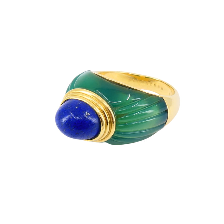 1980's Boucheron Jaipur Ring 18k Gold Chrysophrase Lapis Lazuli Original Pouch
