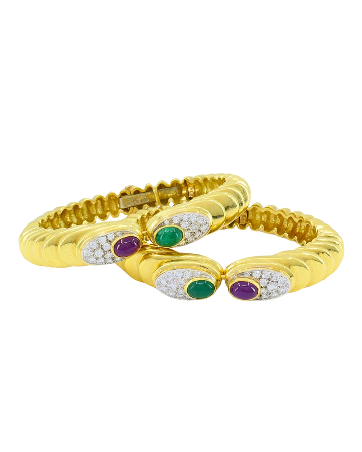 David Webb Pair of 18k Gold Bracelets Platinum Diamond Gemstone Cabochons