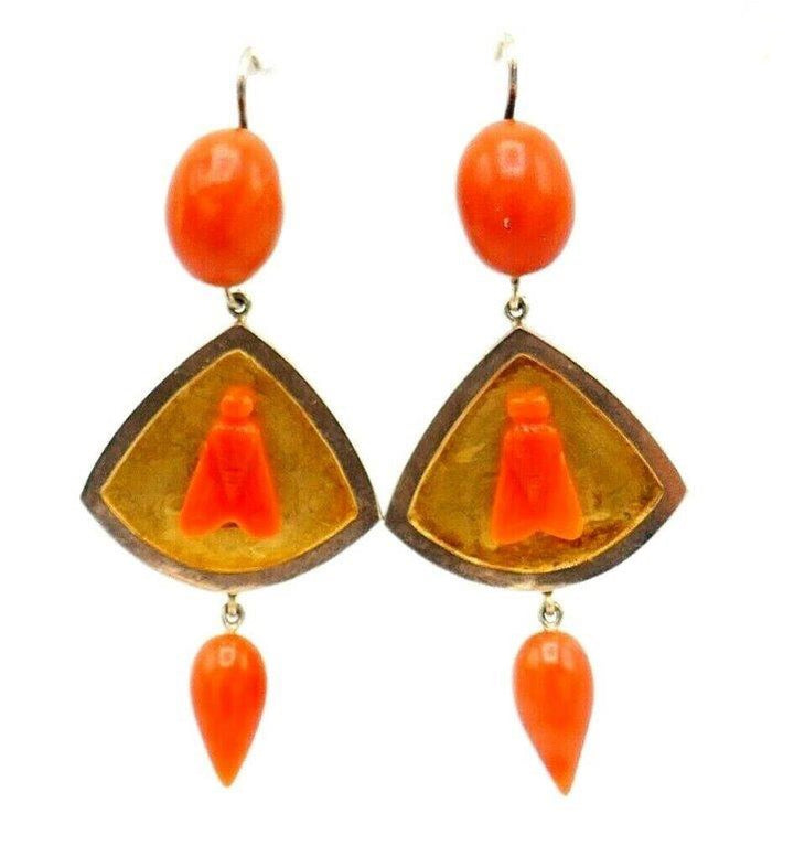 Antique Yellow Rose Gold Carved Coral Fly Earrings