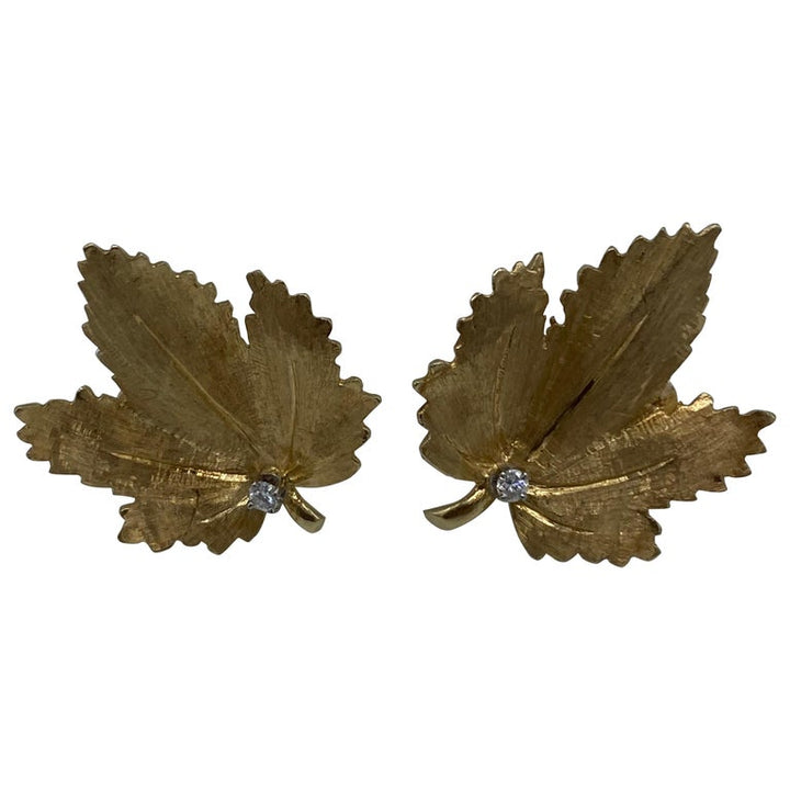 Vintage CARTIER Yellow Gold and Diamond Maple Leaves Earrings