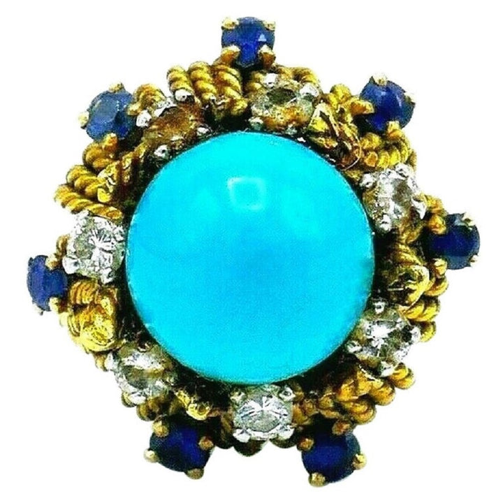 Antique French Yellow Gold Turquoise Sapphire Diamond Cocktail Ring