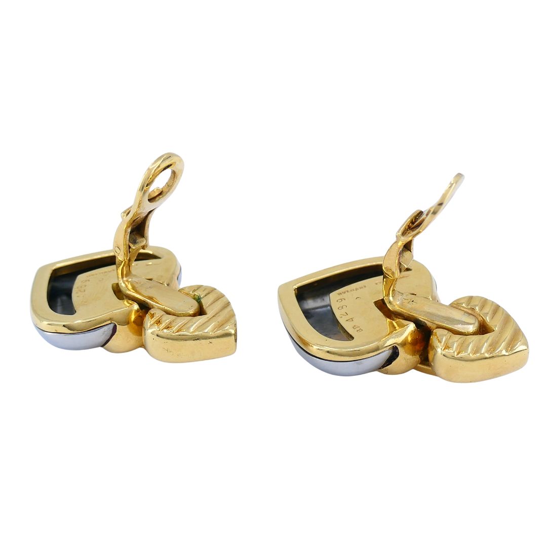 Vintage Bvlgari 18k Gold Steel Doppio Cuore Heart Earrings