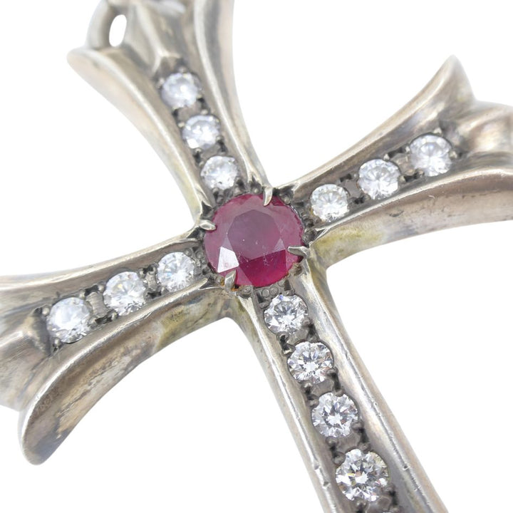 2001 Chrome Hearts Silver Ruby Diamond Cross Pendant Leather Necklace