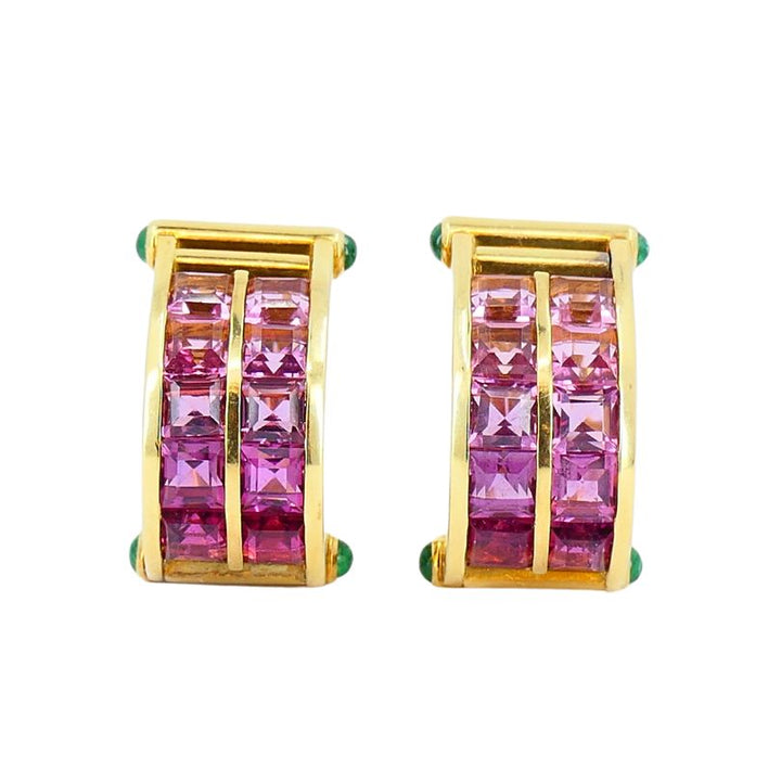 Vintage Bulgari 18k Gold Emerald Pink Tourmaline Earrings