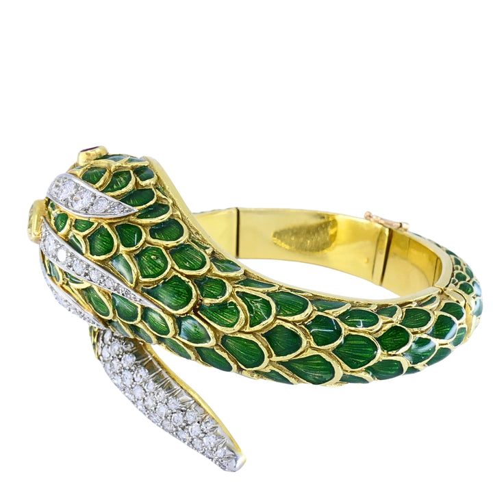 Vintage 18k Gold Platinum Snake Bangle Bracelet Diamond Yellow Sapphire Ruby