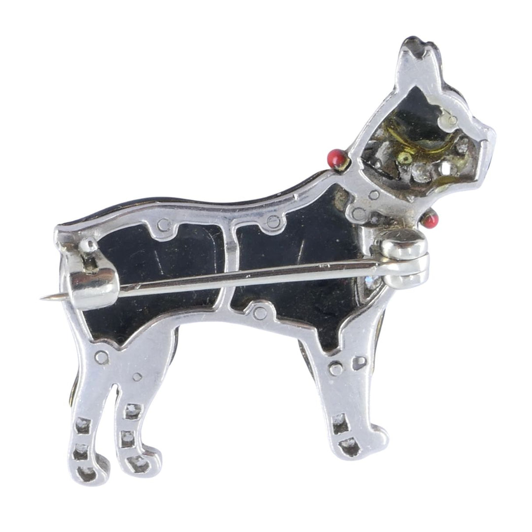 Art Deco Platinum Onyx Diamond Enamel French Bulldog Brooch, Circa 1920s–1930s