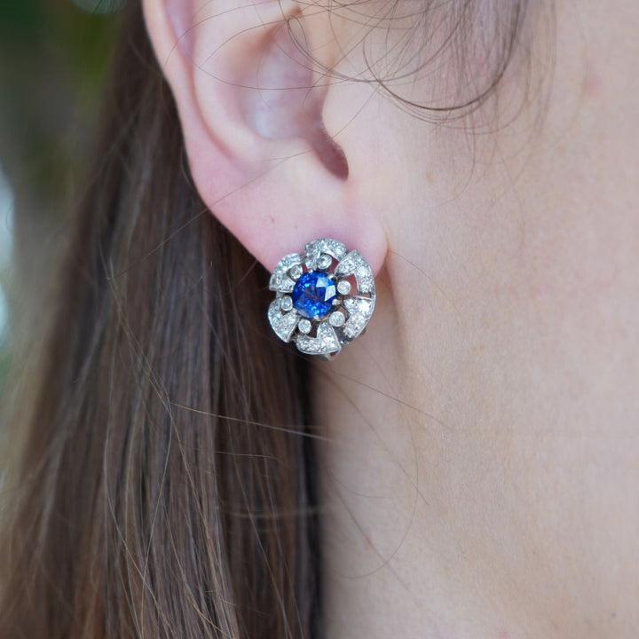 Vintage French Sapphire Diamond Platinum 18k White Gold Cluster Earrings