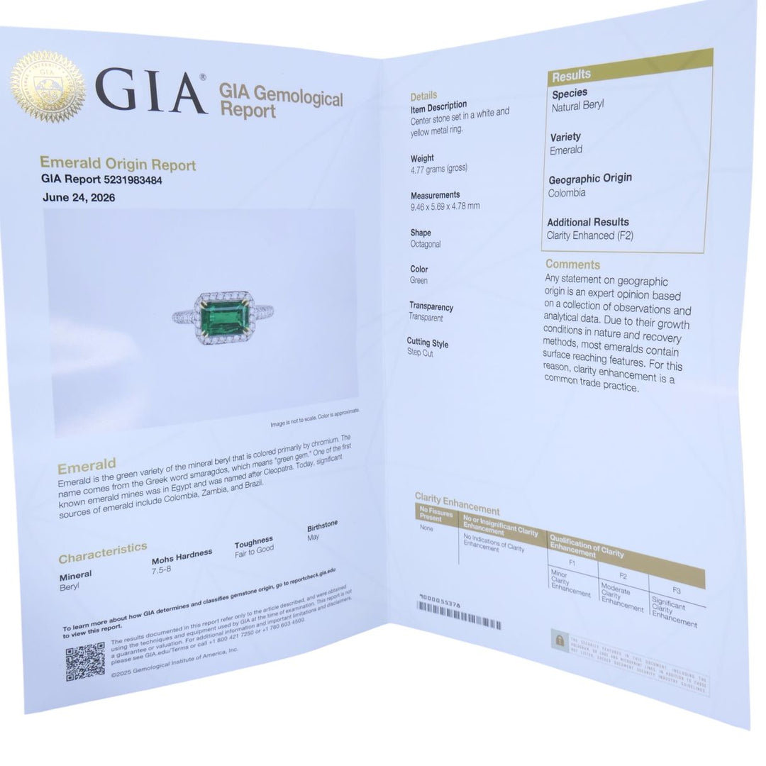 GIA Certified Colombian Emerald Diamond Ring 18k White and Yellow Gold