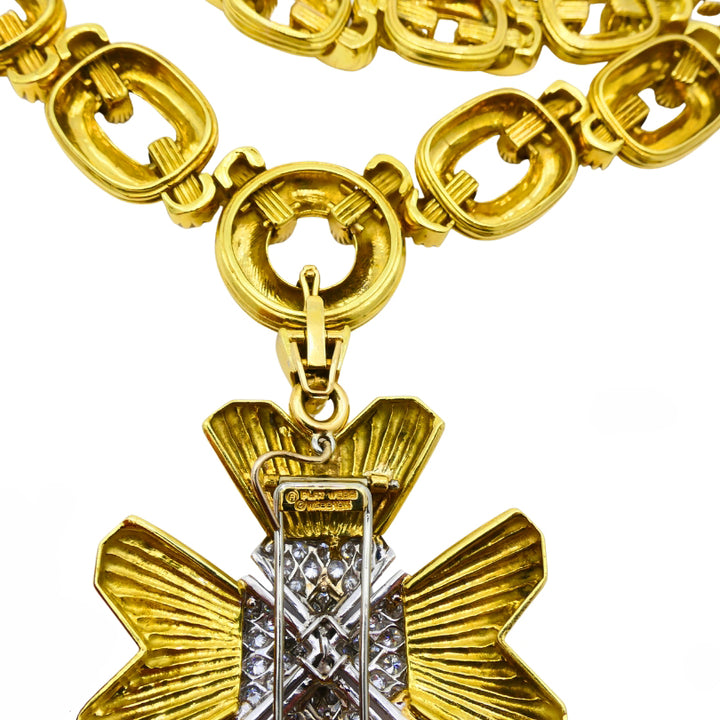 David Webb Necklace Sautoir Chain Oval Links 18k Gold Platinum Diamond Brooch