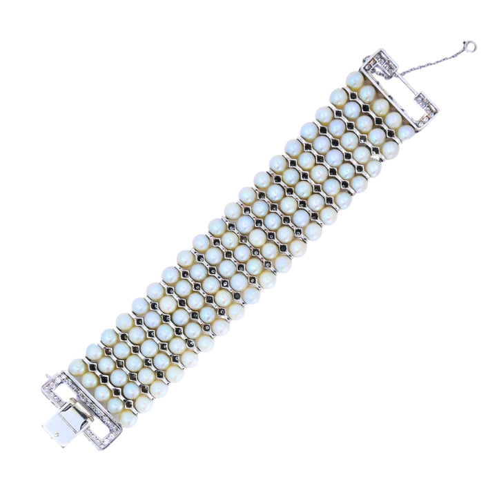 Vintage 1950s 14k White Gold Pearl and Diamond Bracelet Estate Jewelry