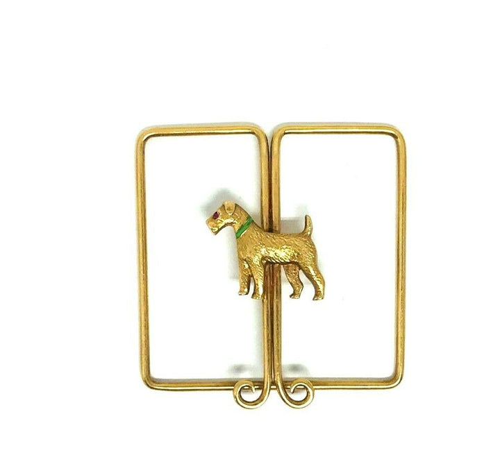 Vintage 14k Yellow Gold Enamel Ruby Dog Money Clip