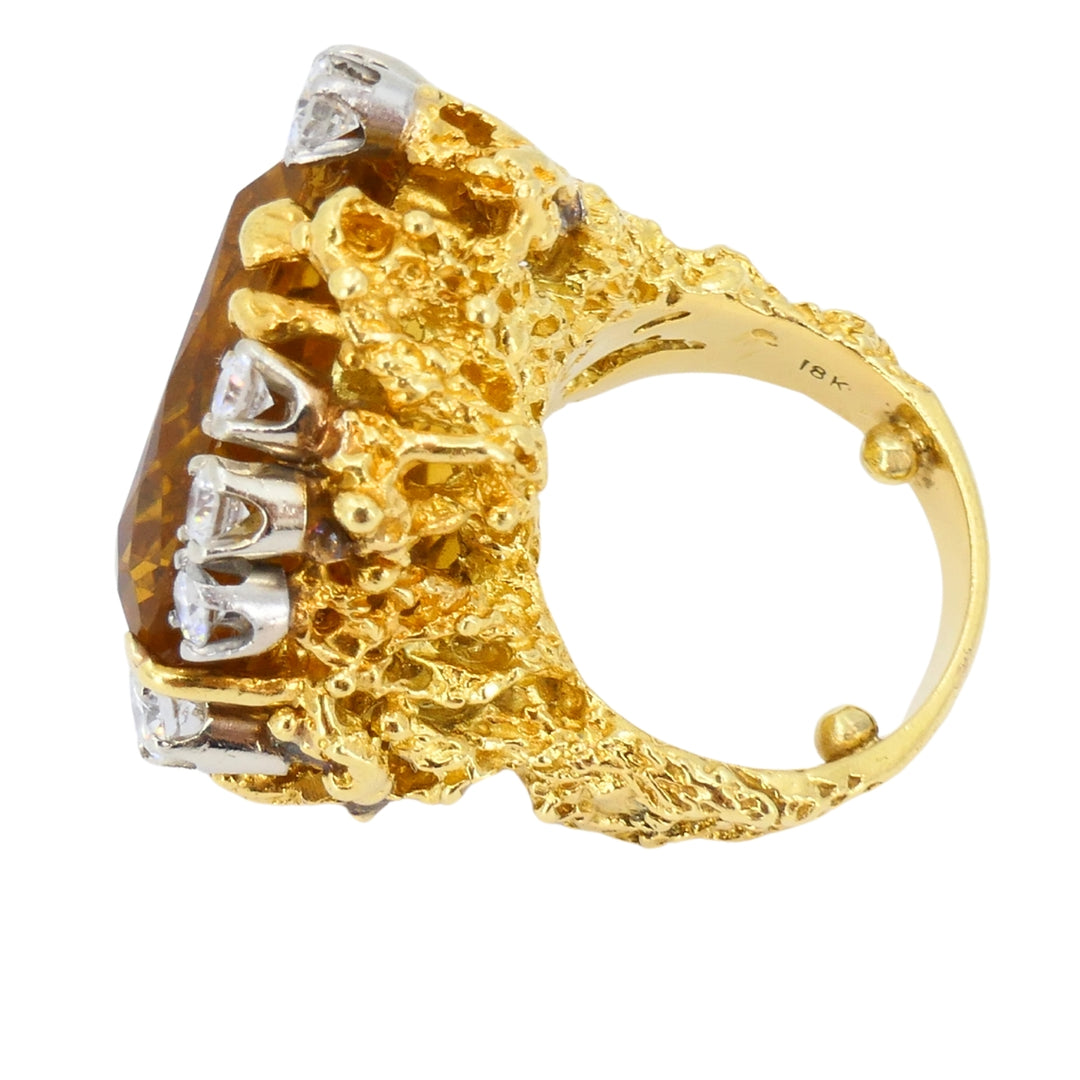 Vintage 18k Gold Citrine Diamond Ring Brutalist Design