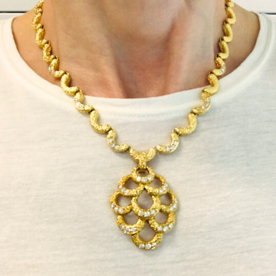 Diamond Necklace 18k Gold Vintage Scalloped - Fred Paris