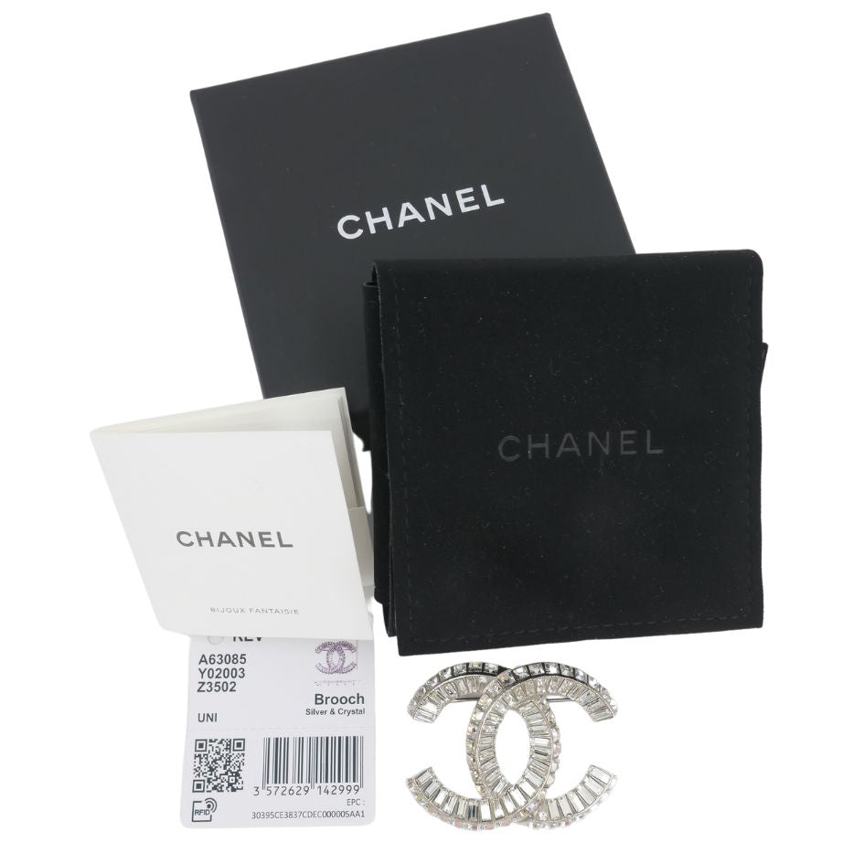 Chanel CC Logo Crystal Silver Pin Brooch