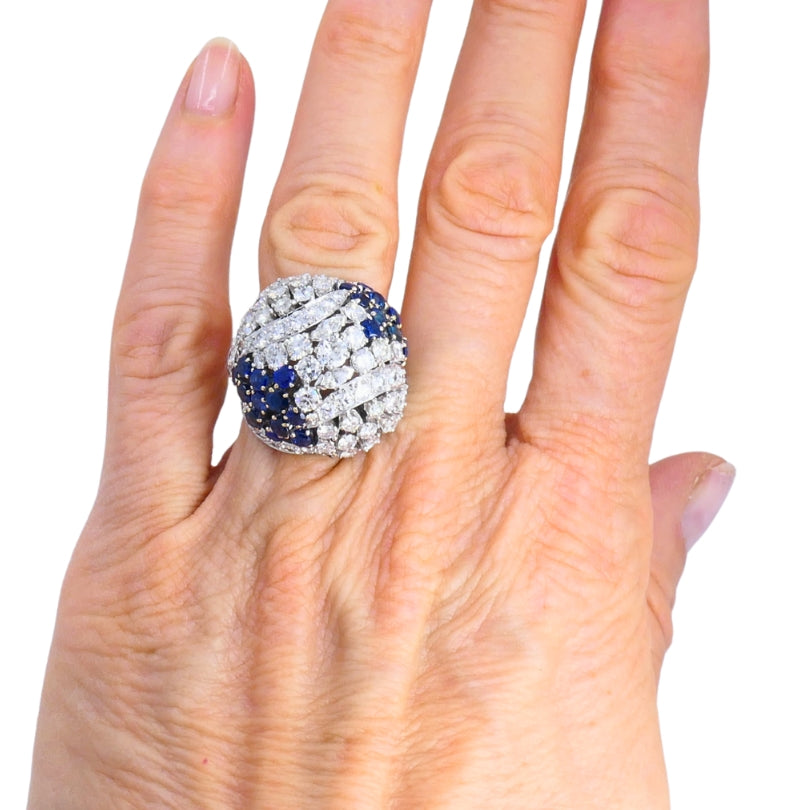Vintage Dome Ring Ruser Platinum Diamond Sapphire Estate Jewelry