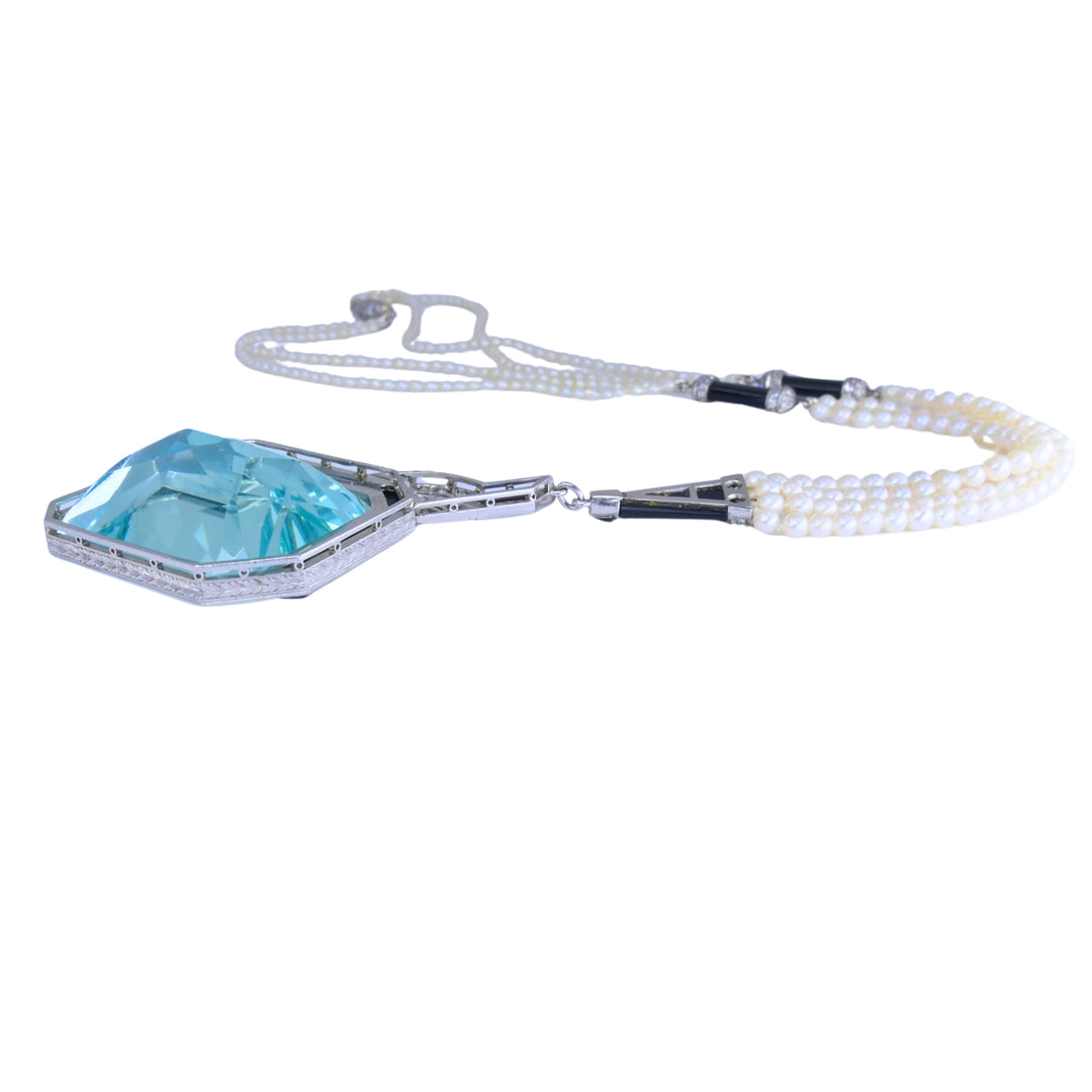 Art Deco Platinum Aquamarine Black Onyx Diamond Pearl Necklace